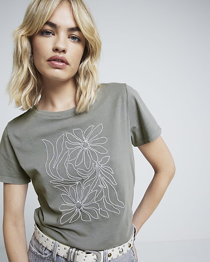 Grey washed embroidered floral t-shirt