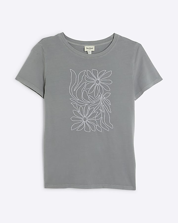 Grey washed embroidered floral t-shirt