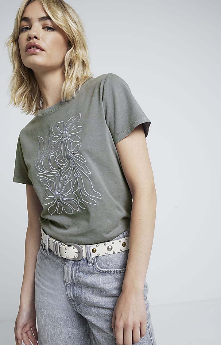 Grey washed embroidered floral t-shirt