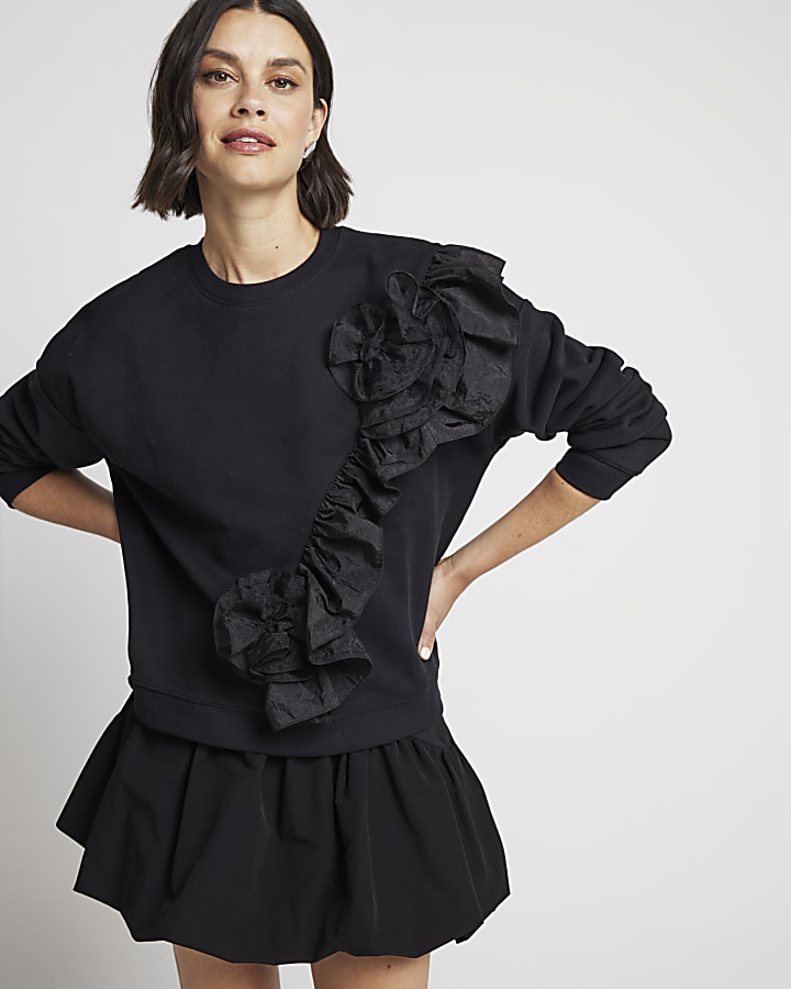 Black flower frill sweatshirt