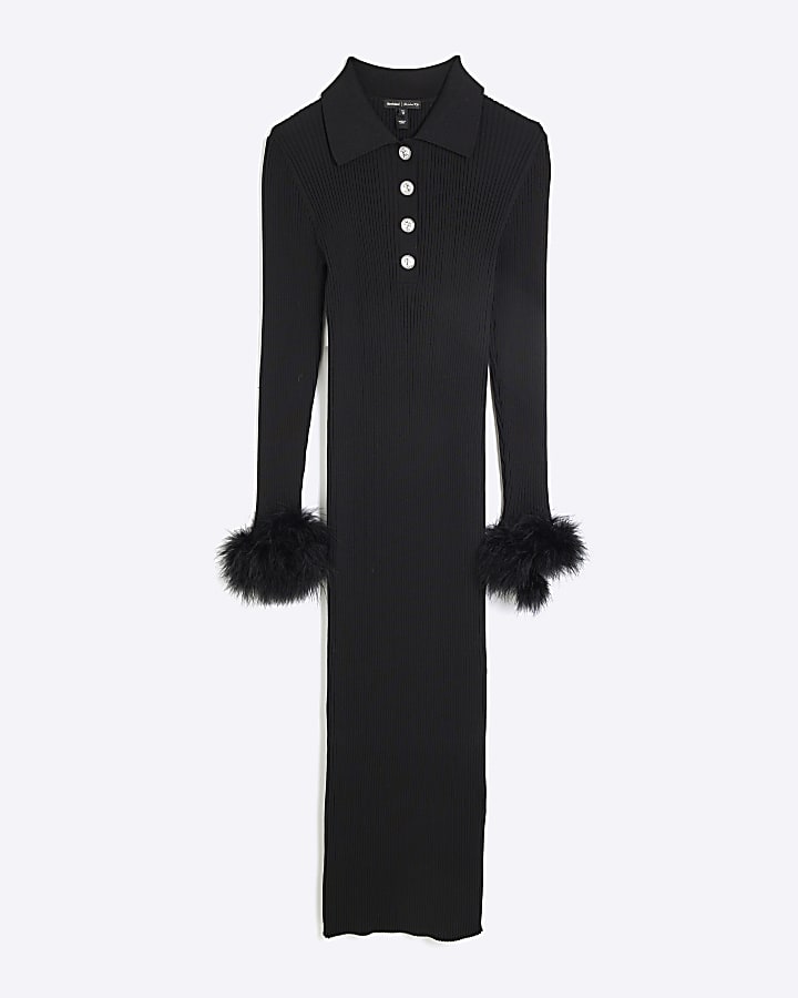 Black Long Sleeve Feather Button Midi Dress