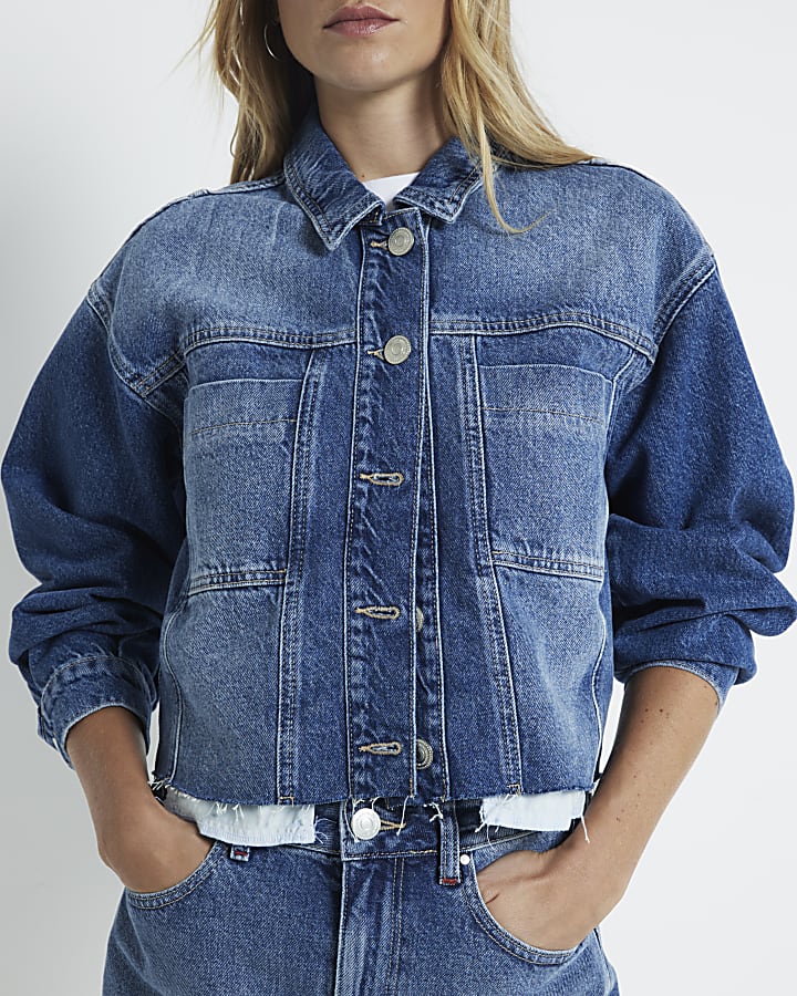 Blue crop denim trucker jacket