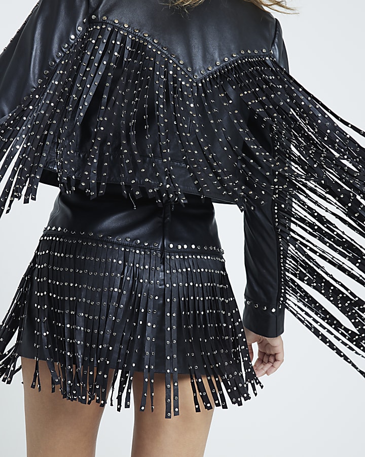 Black Studded Fringe Leather Mini Skirt