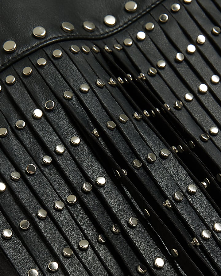 Black Studded Fringe Leather Mini Skirt