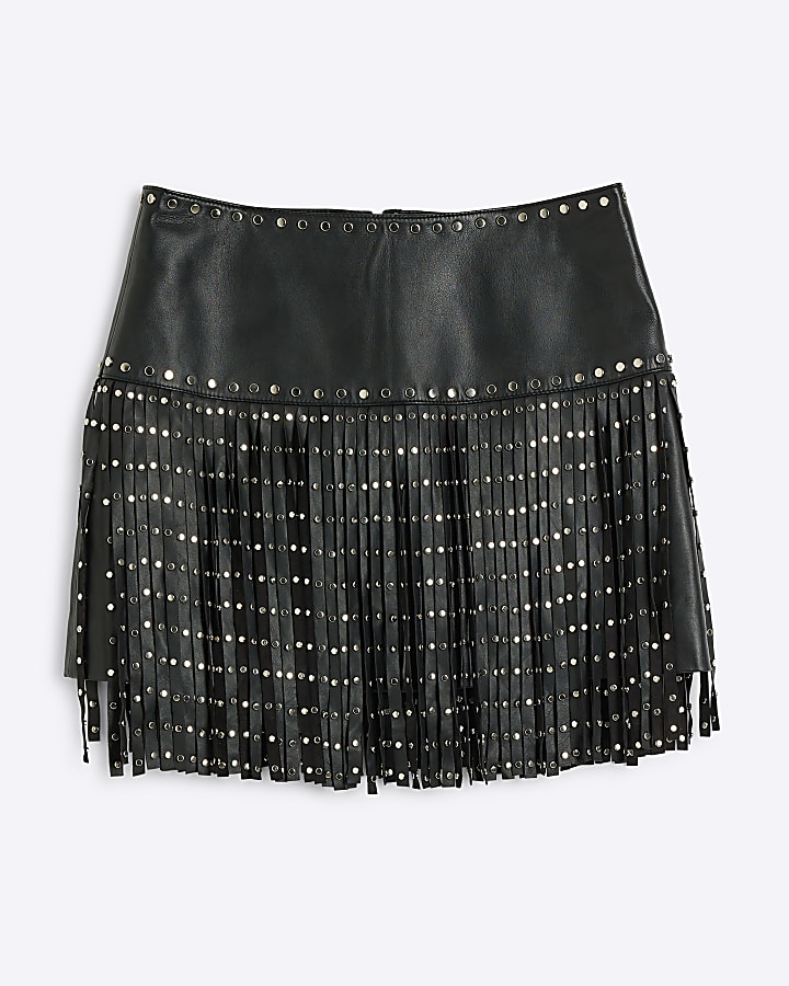Black Studded Fringe Leather Mini Skirt