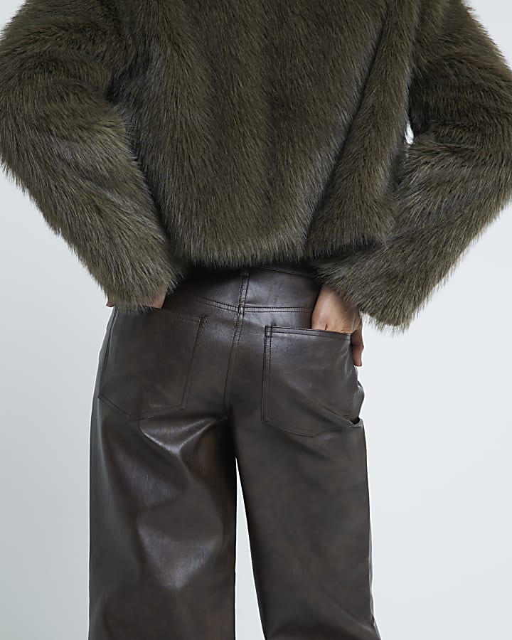 Brown Faux Leather Tailored Hybrid Trousers