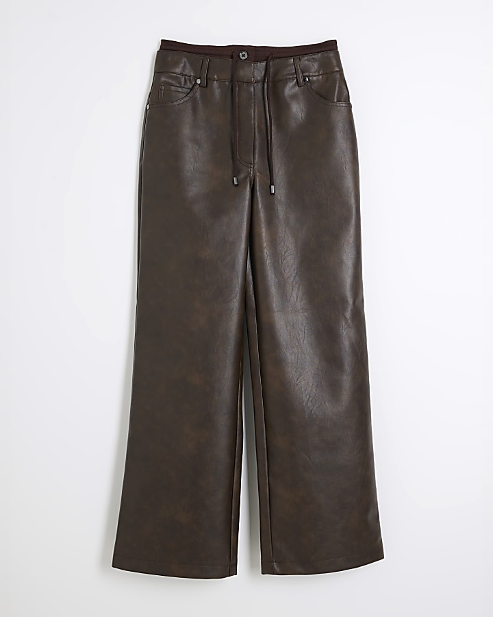 Brown Faux Leather Tailored Hybrid Trousers