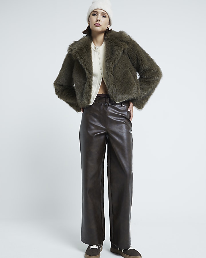 Brown Faux Leather Tailored Hybrid Trousers