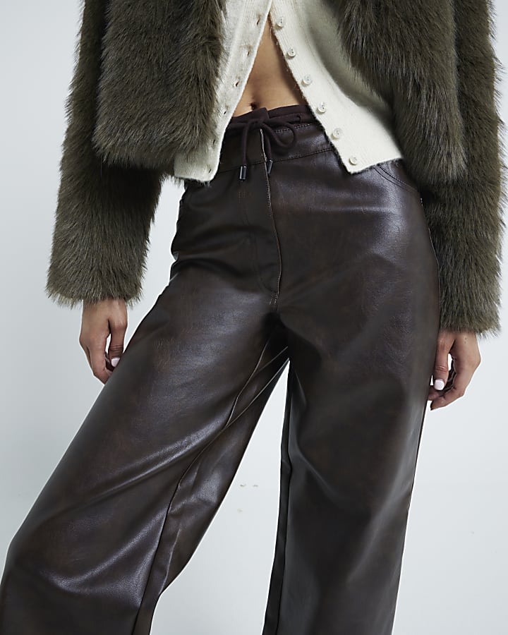 Brown Faux Leather Tailored Hybrid Trousers