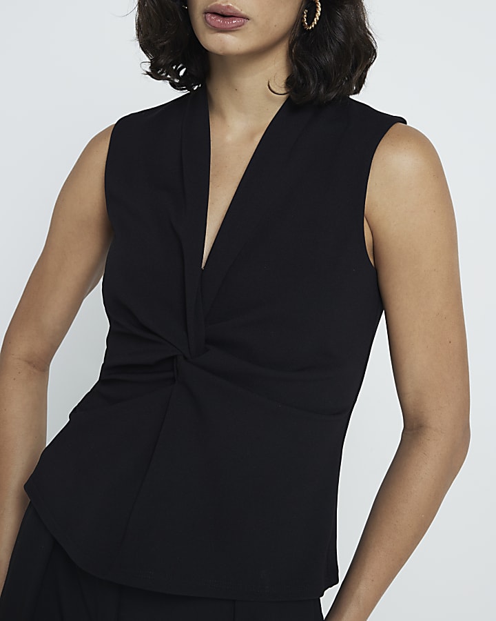 Black front knot vest top