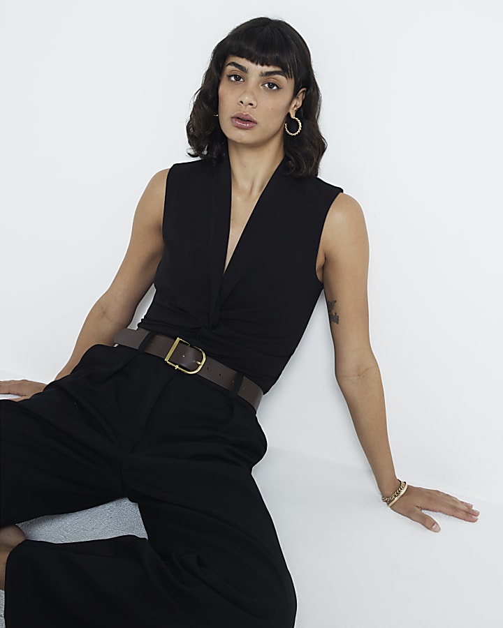 Black front knot vest top
