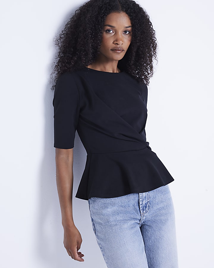 Black Twist Front Peplum Top