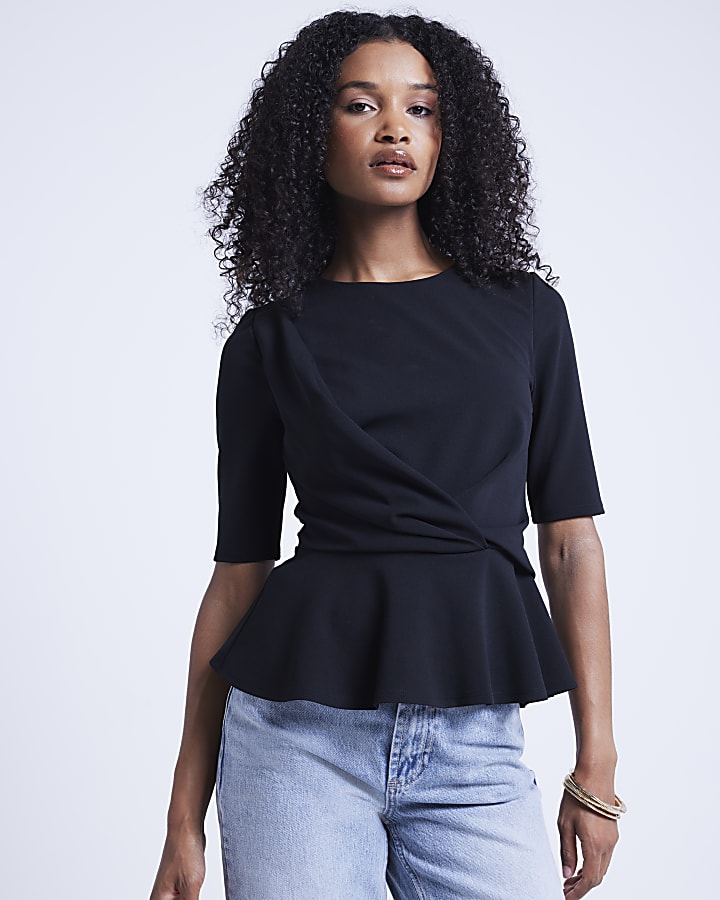 Black Twist Front Peplum Top