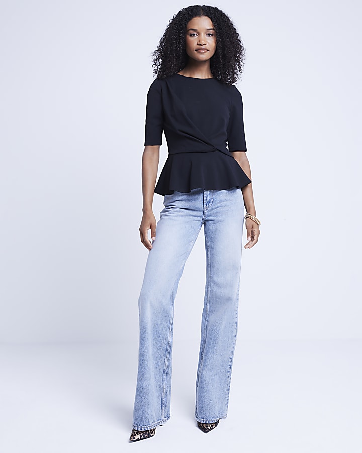 Black Twist Front Peplum Top River Island