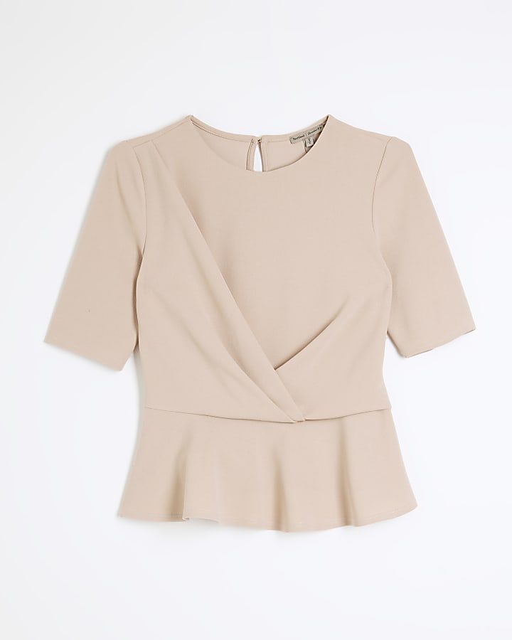 Beige twist front peplum top