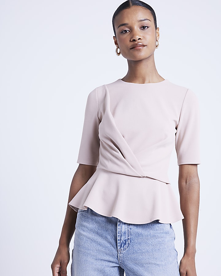 Beige twist front peplum top