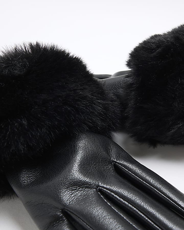 Black Faux Fur Trim Faux Leather Gloves