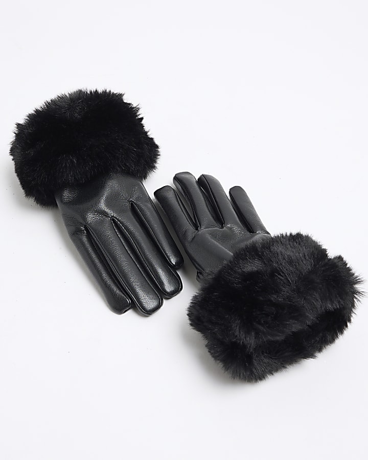 Black Faux Fur Trim Faux Leather Gloves