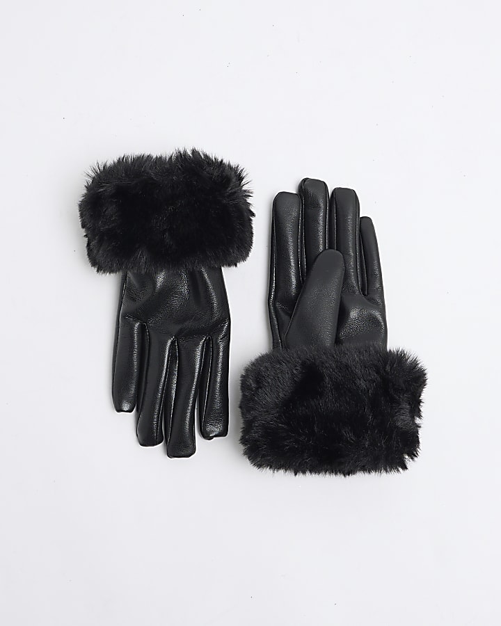 Black Faux Fur Trim Faux Leather Gloves