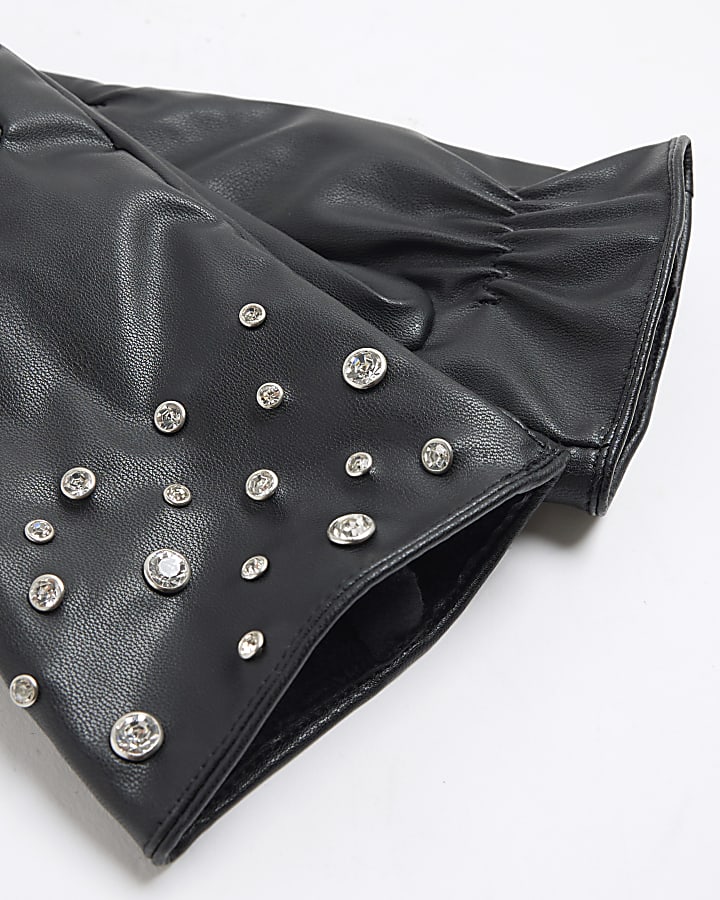 Black Diamante Faux Leather Gloves
