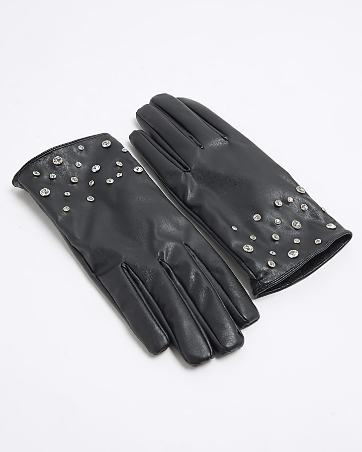 Black Diamante Faux Leather Gloves