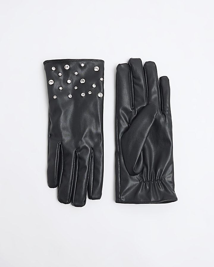 Black Diamante Faux Leather Gloves