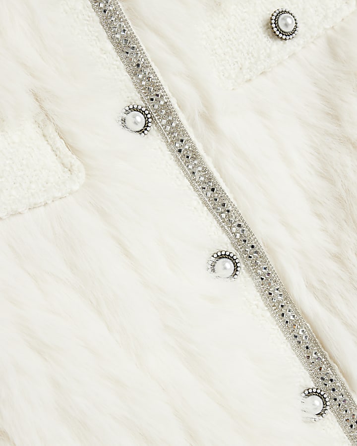 Cream Faux Fur Embellished Military Coat