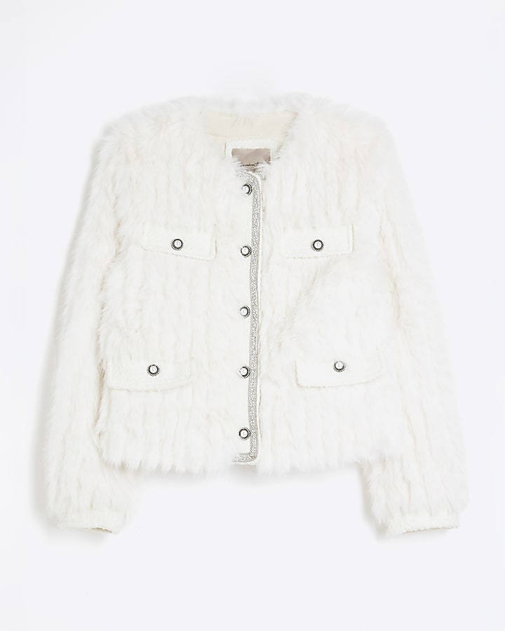 Cream Faux Fur Embellished Military Coat