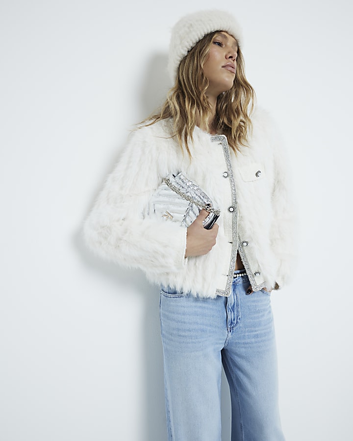 Cream Faux Fur Embellished Military Coat