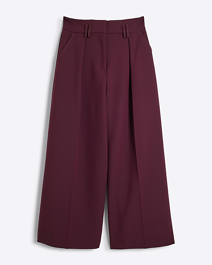 Petite red high waisted wide leg trousers