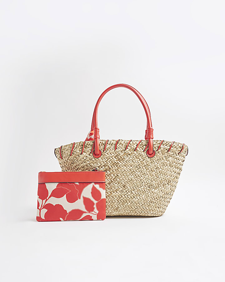 Beige Raffia Swim Print Basket Bag