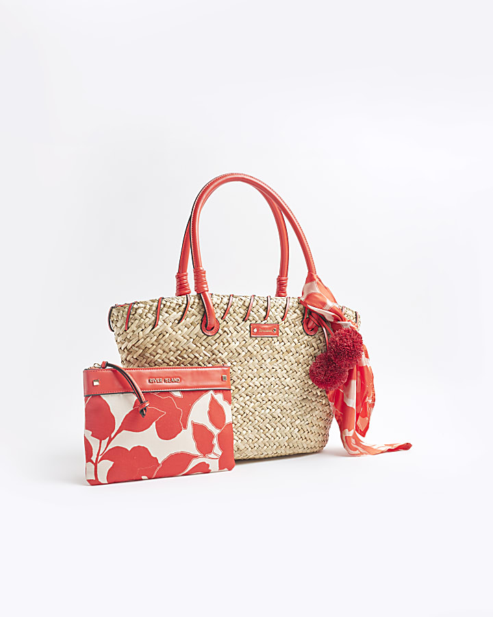 Beige Raffia Swim Print Basket Bag