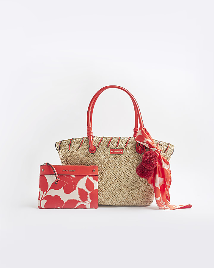 Beige Raffia Swim Print Basket Bag