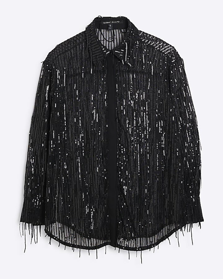 Petite Black Sequin Fringe Shirt