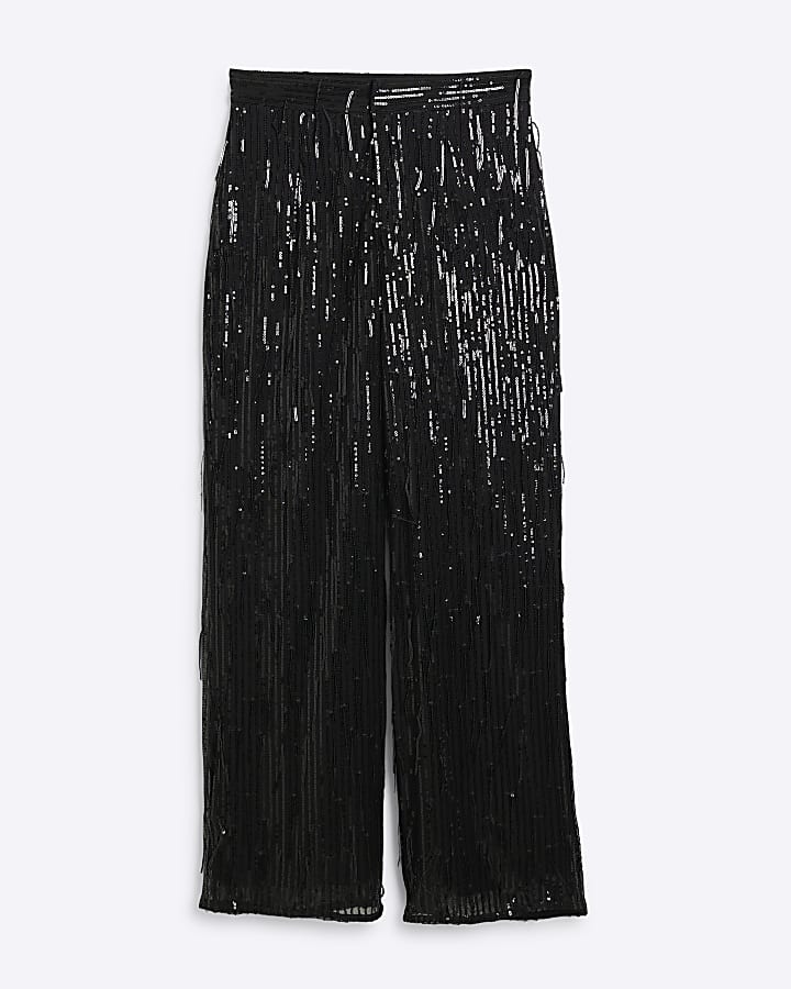 Petite Black Sequin Tailored Fringe Trousers