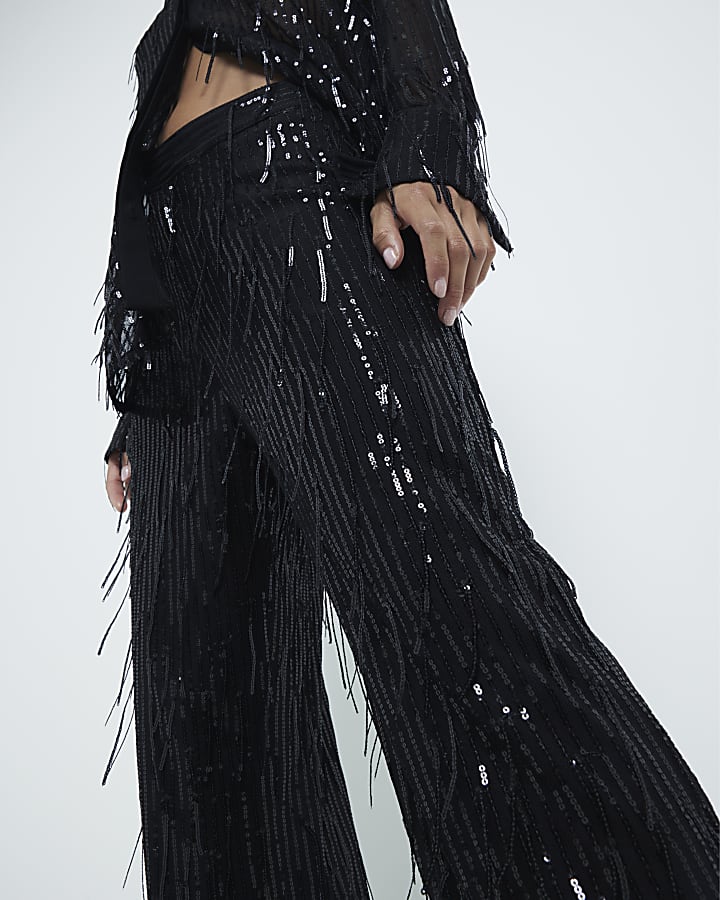 Petite Black Sequin Tailored Fringe Trousers