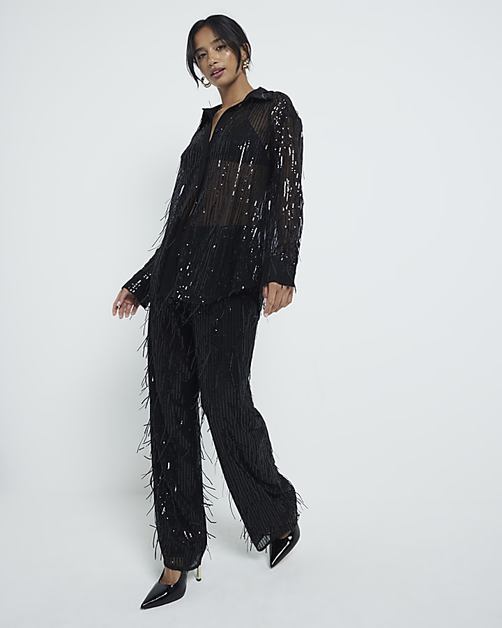 Petite Black Sequin Tailored Fringe Trousers