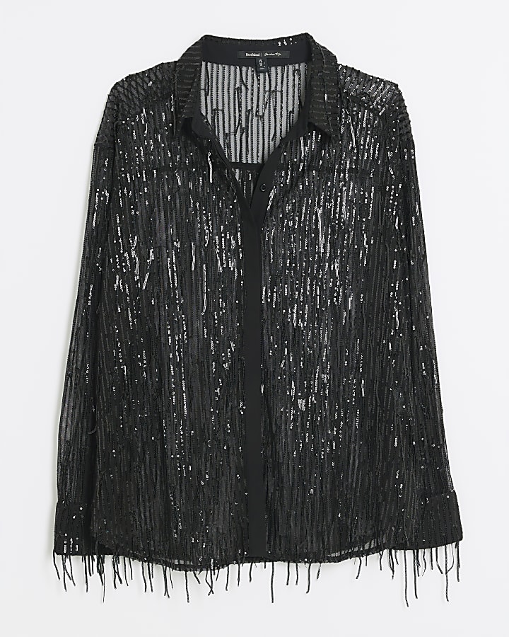 Plus Black Sequin Fringe Shirt