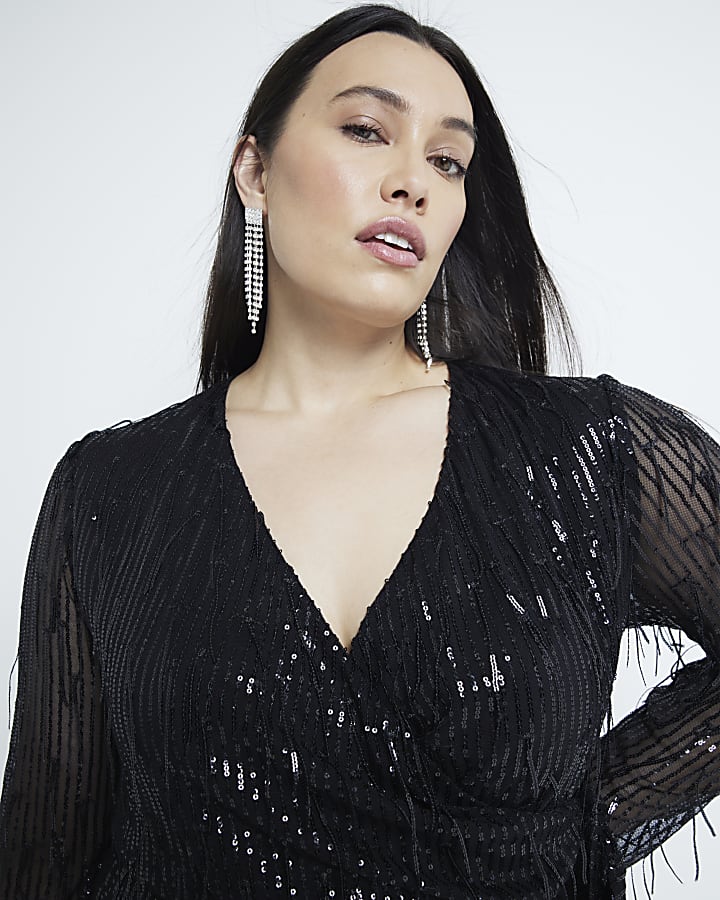 Plus Black Sequin Fringe Wrap Mini Dress