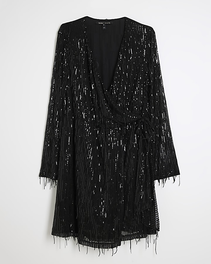 Plus Black Sequin Fringe Wrap Mini Dress