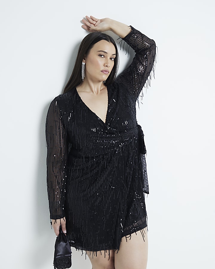 Plus Black Sequin Fringe Wrap Mini Dress