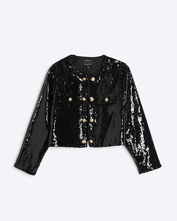 Plus Black Sequin Collarless Button Jacket