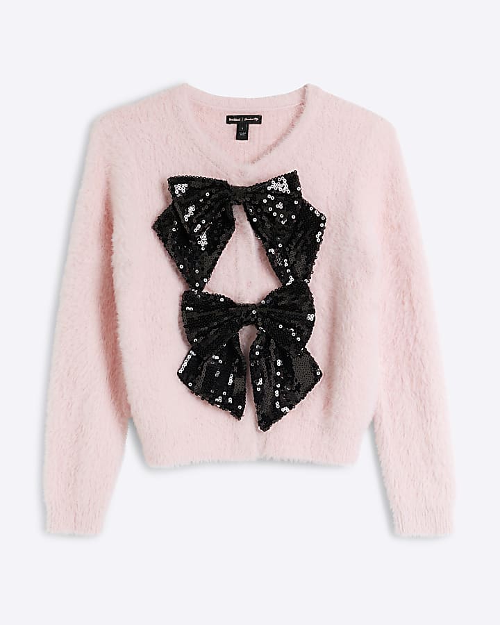 Petite Pink Sequin Bow Cardigan