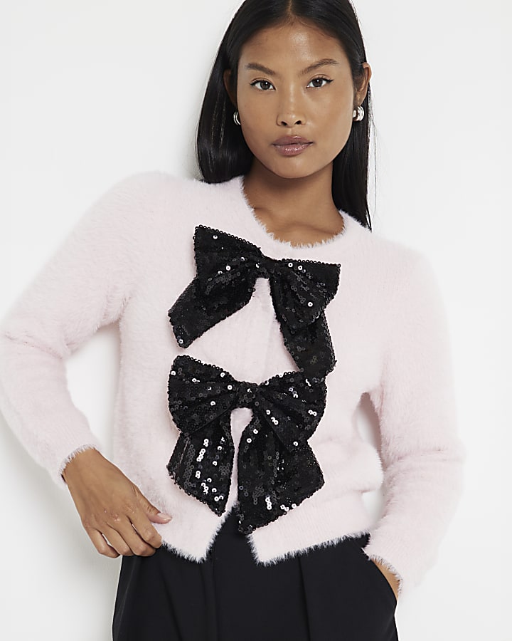 Petite Pink Sequin Bow Cardigan