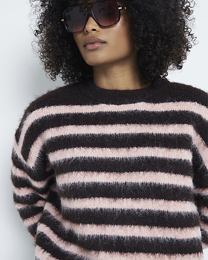 Brown Long Sleeve Striped Hairy Jumper