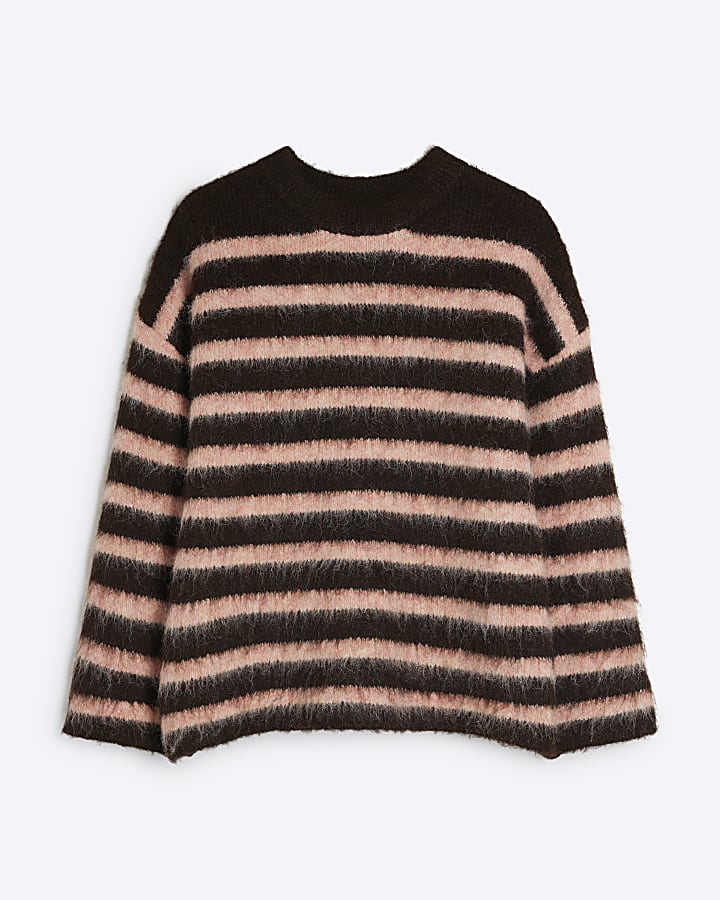 Brown Long Sleeve Striped Hairy Jumper