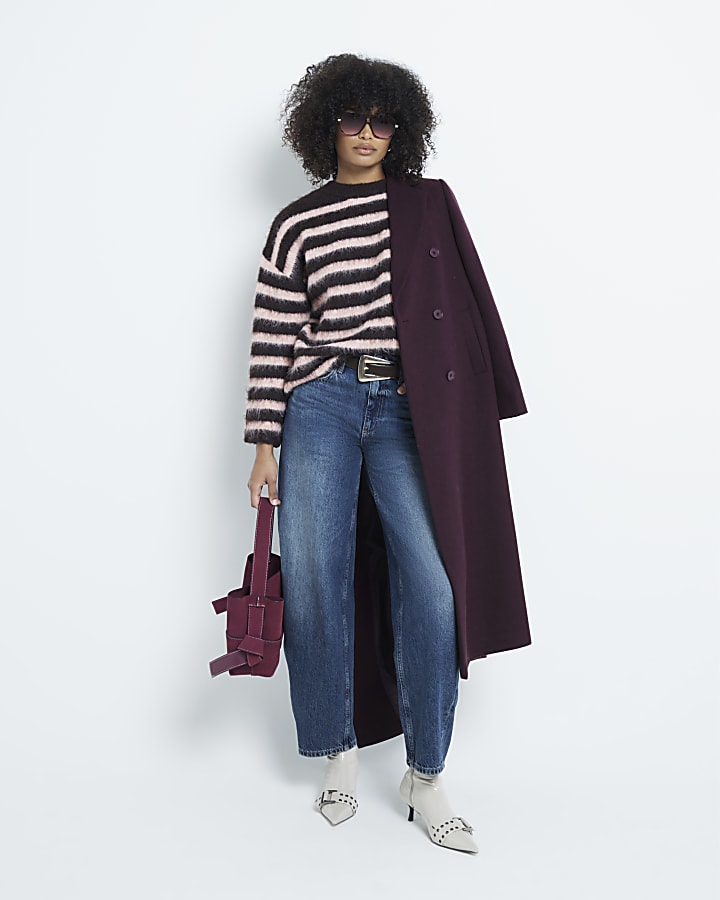 Brown Long Sleeve Striped Hairy Jumper