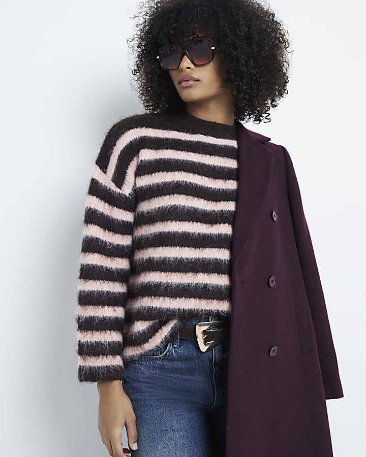 Brown Long Sleeve Striped Hairy Jumper