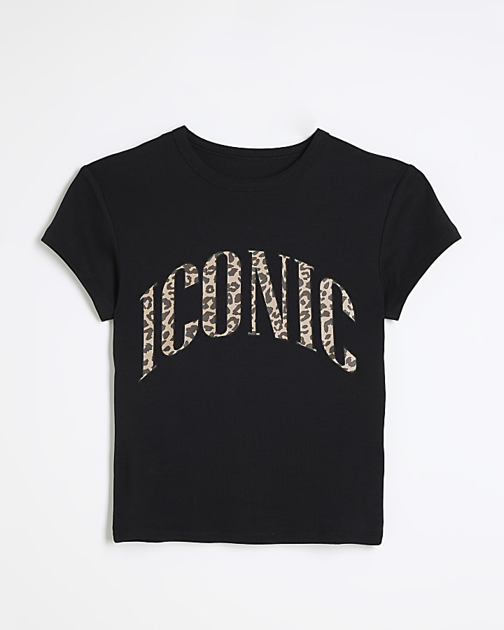 Black leopard print script t-shirt