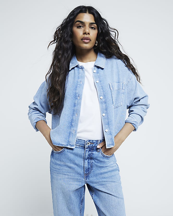 Petite Blue Denim Crop Shirt